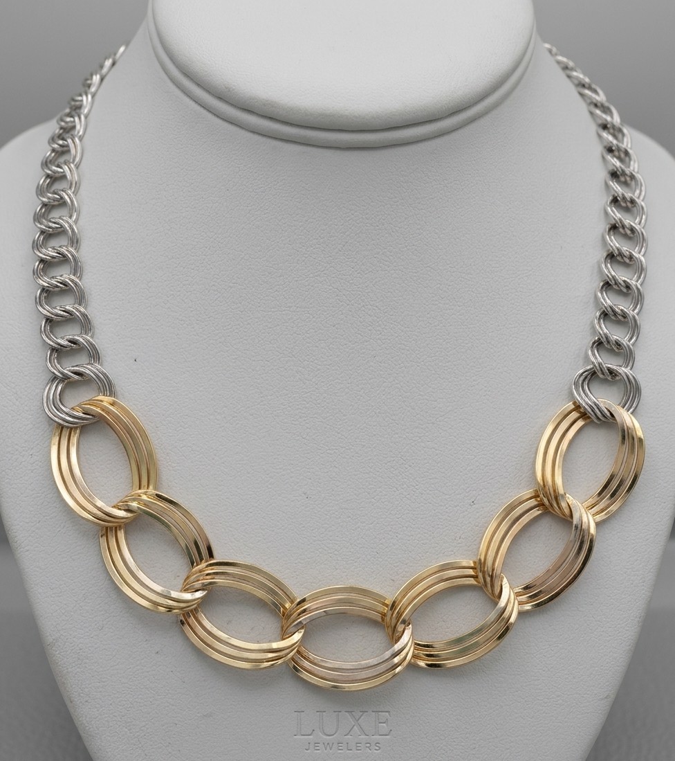 Graduated Triple Double Curb Chain Necklace 14K Two-Tone Gold Plated 925 Silver