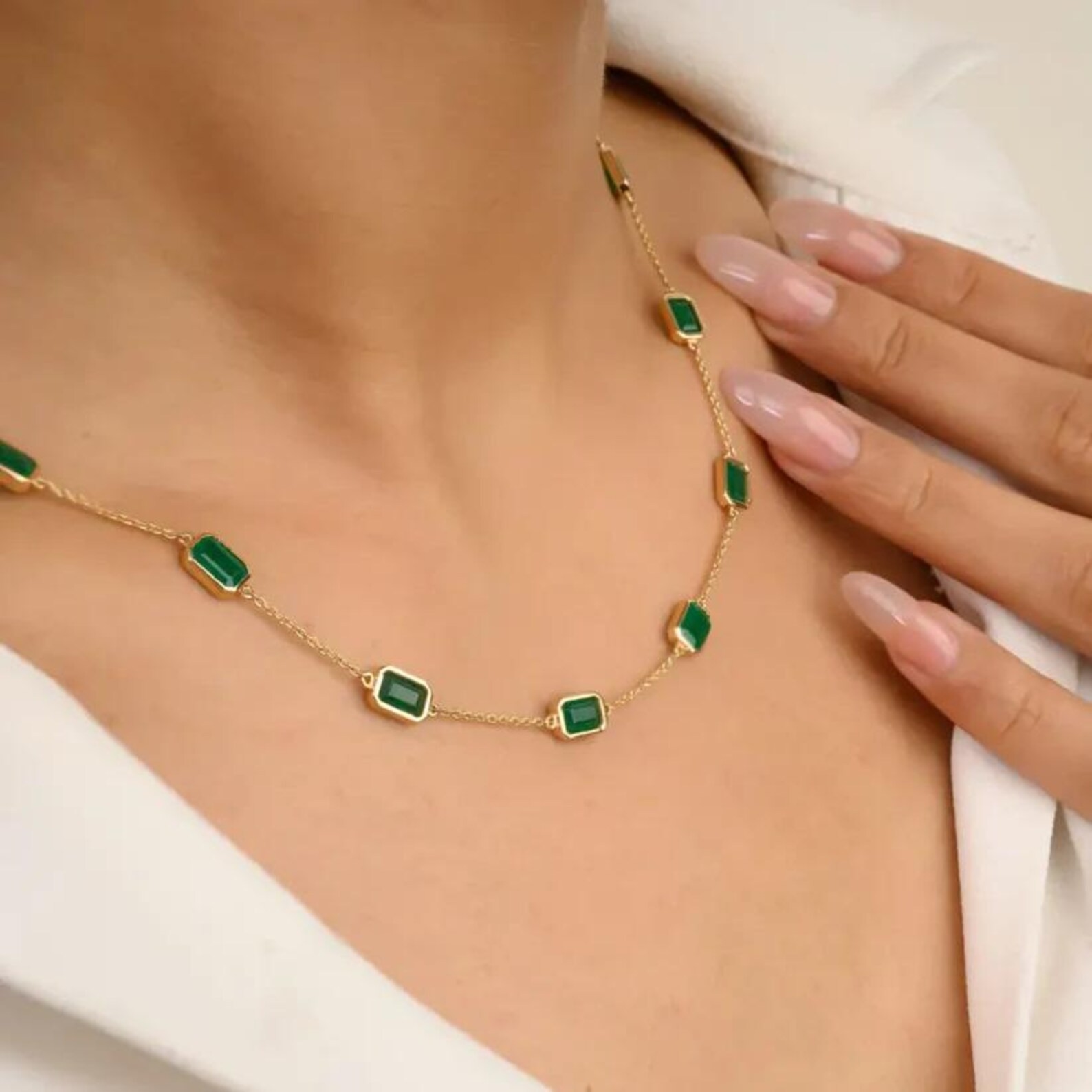 14k Yellow Gold Emerald Cut Natural Green Emerald Station Necklace Chain Bezel