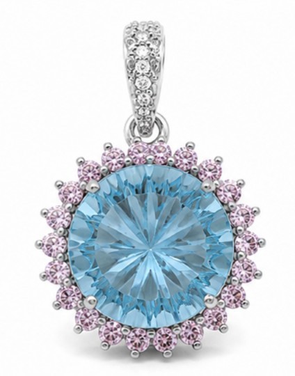 925 Sterling Silver Natural Fancy Cut Blue Topaz & Pink Moissanite Halo Pendant