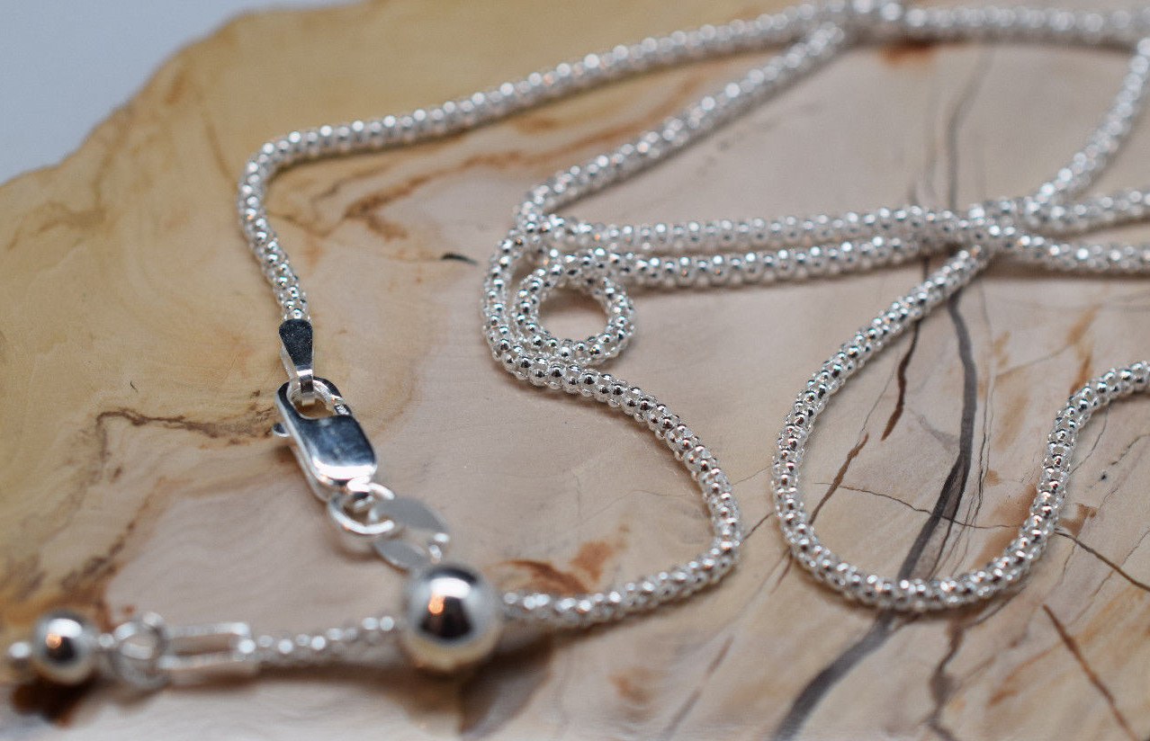 1.8 mm Adjustable Popcorn Chain Necklace Solid 925 Sterling Silver Ball Slide