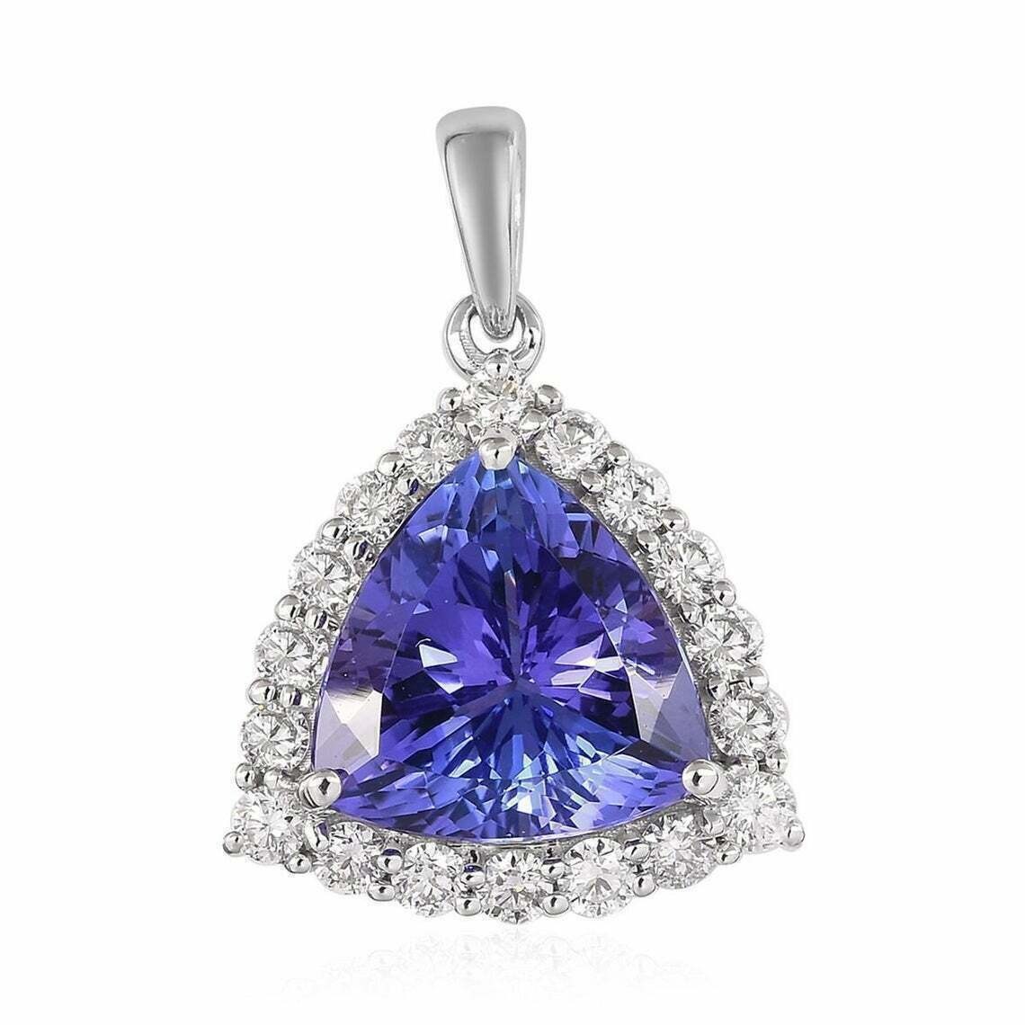 Trillion-Cut Tanzanite Halo Pendant in White Gold Finished For Women