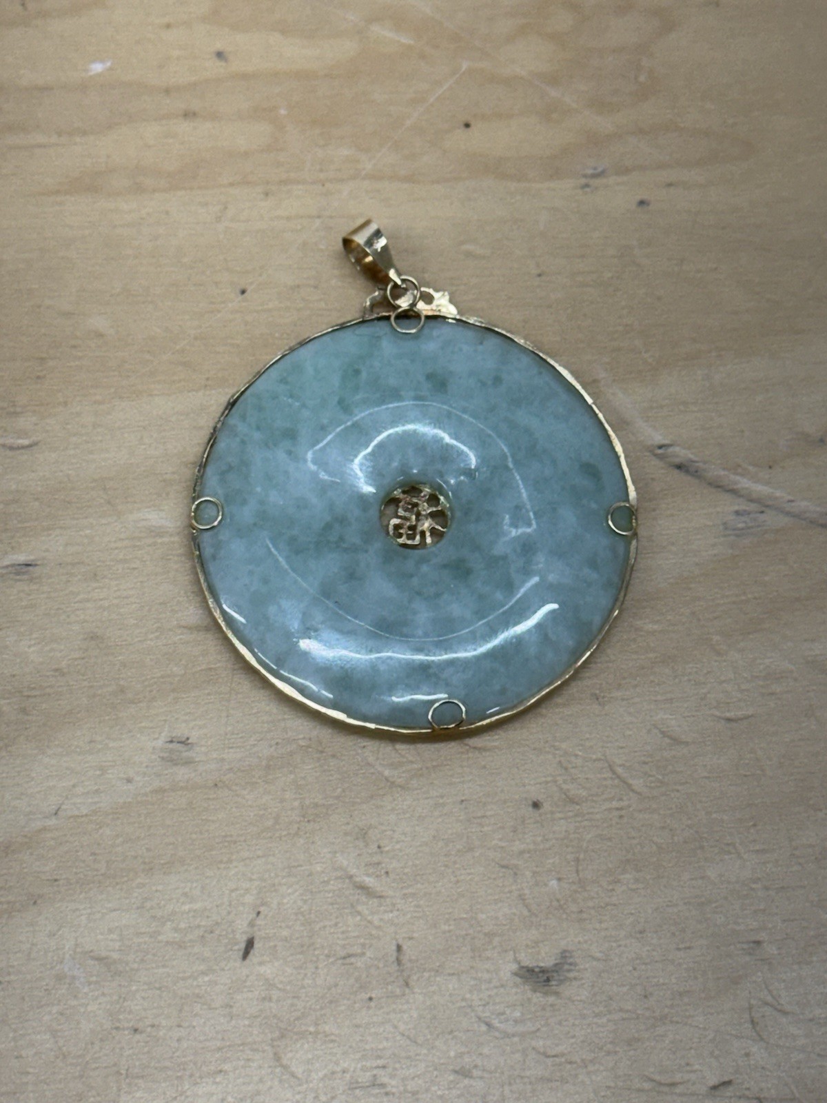 14k Yellow Gold Light Green JADE Disk 1-1/2″ Pendant