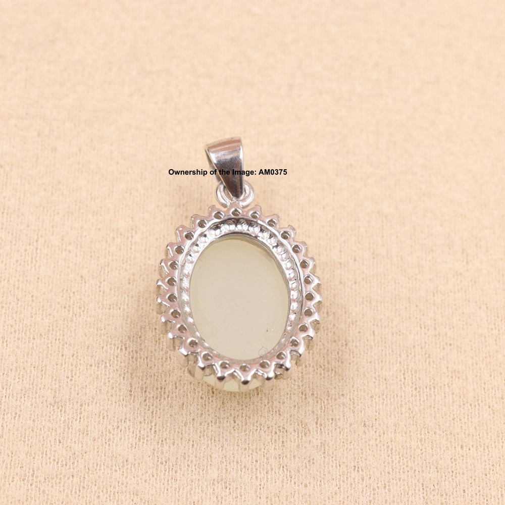 NEW Natural White Jade Oval Pendant 925 Sterling Silver Pendant