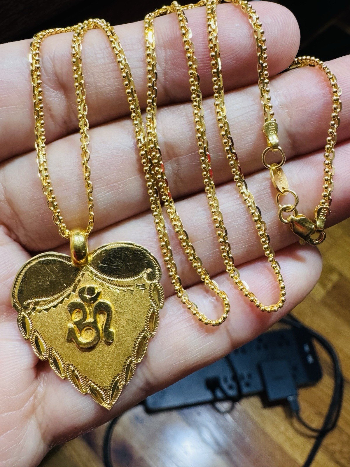 Saudi Dubai 22K Solid 916 Real Gold Heart Sikh Set Necklace 20” Long 9.0g 2.2mm