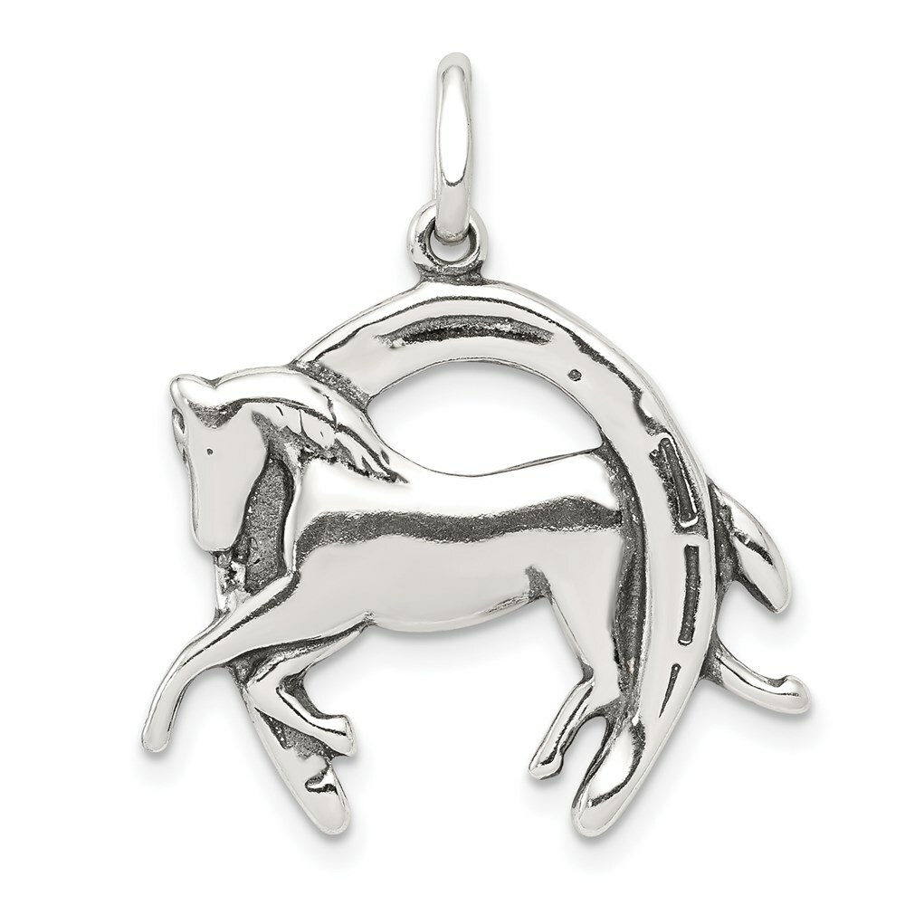 Sterling Silver Antiqued Finish Horse in Horseshoe Charm Pendant 0.95 Inch