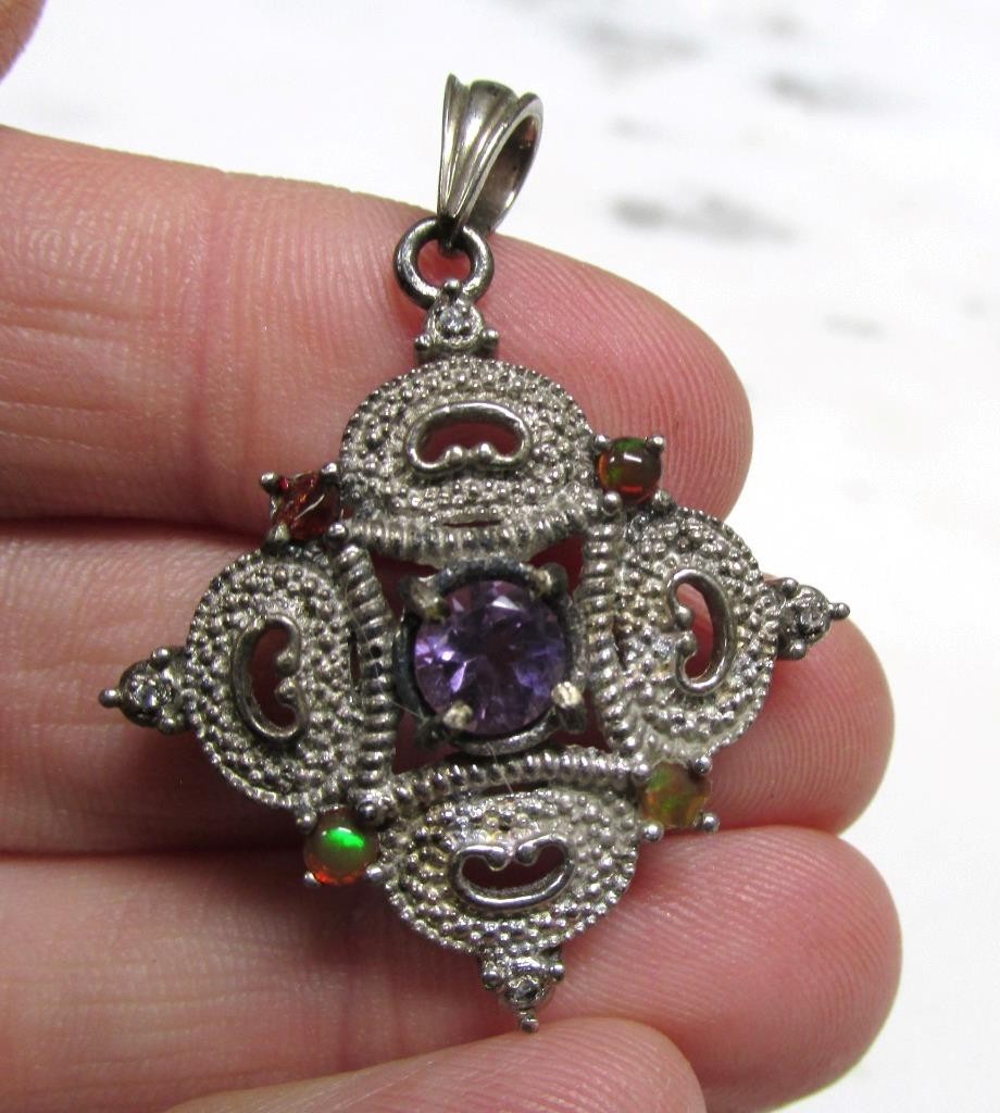 Unknown Stones Sterling Silver Dangle Pendant; India ~ 7grams ~ 11-A609