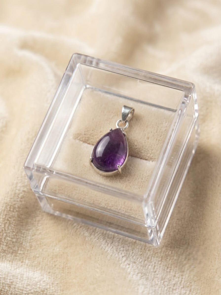 Purple Gemstone Teardrop Pendant Silver Tone Pear Crystal Boho Minimalist Gift