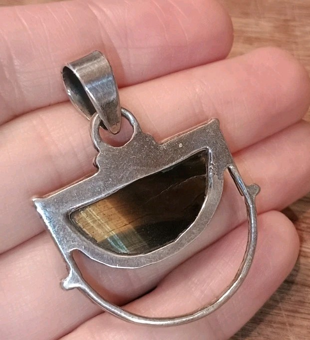 Tiger’s Eye Cabochon Sterling Silver 925 Half Moon Boho Ethnic Modernist Pendant