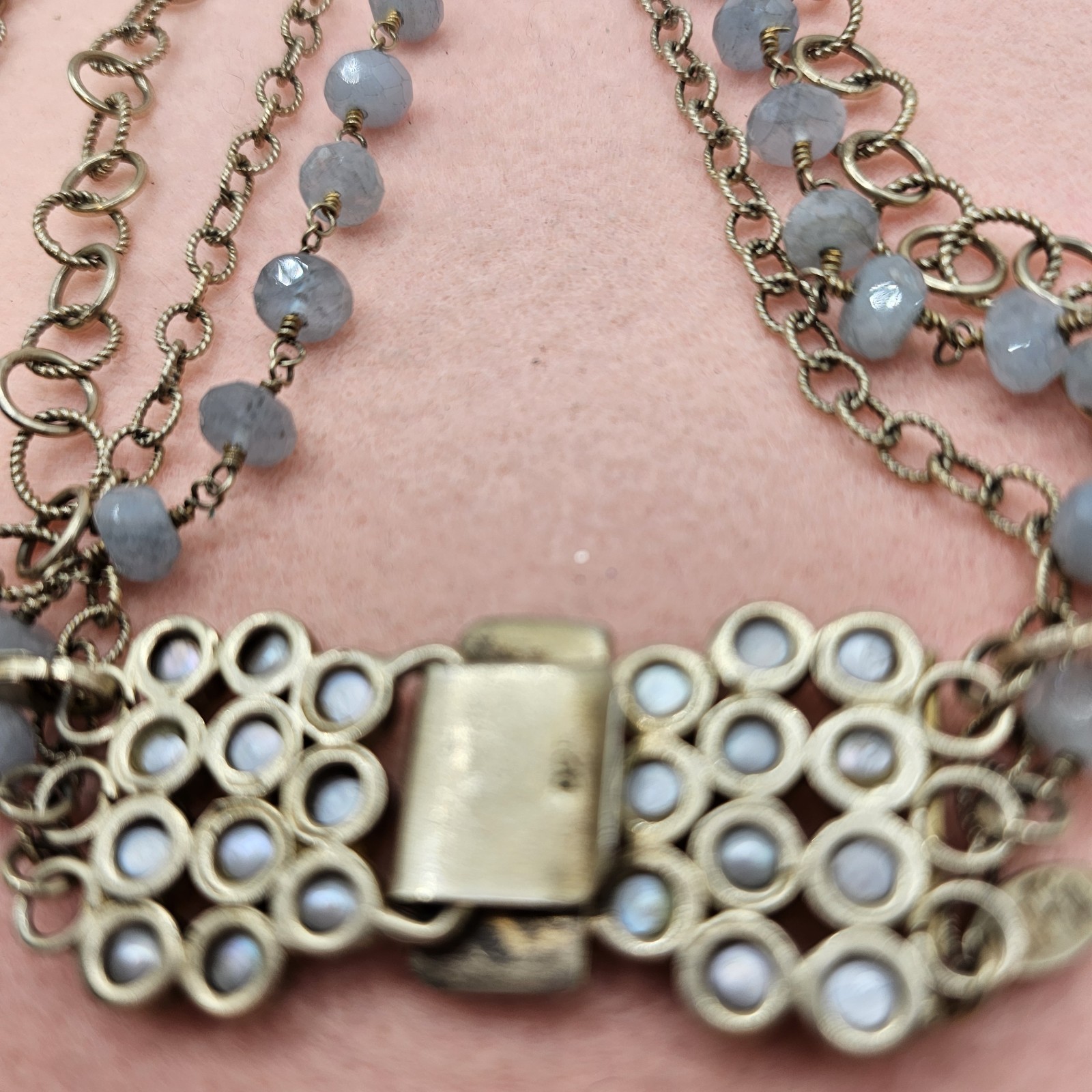 Safia Aquamarine Necklace Vintage 925 multi chain Box pearl fold over clasp 36″