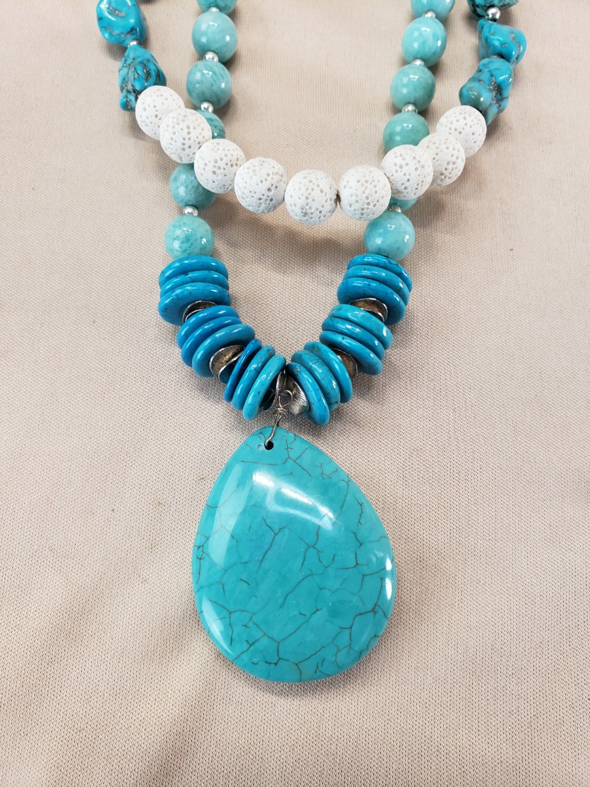 Sterling Silver Amazonite Turquoise Lava Bead Howlite Pendant Necklace S925