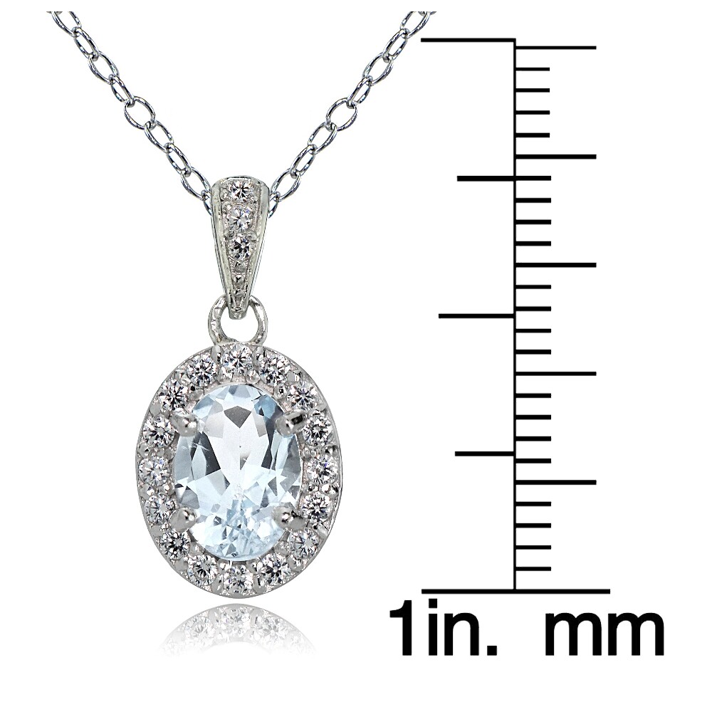 Sterling Silver Very Light Aquamarine and White Topaz Oval Halo Necklace