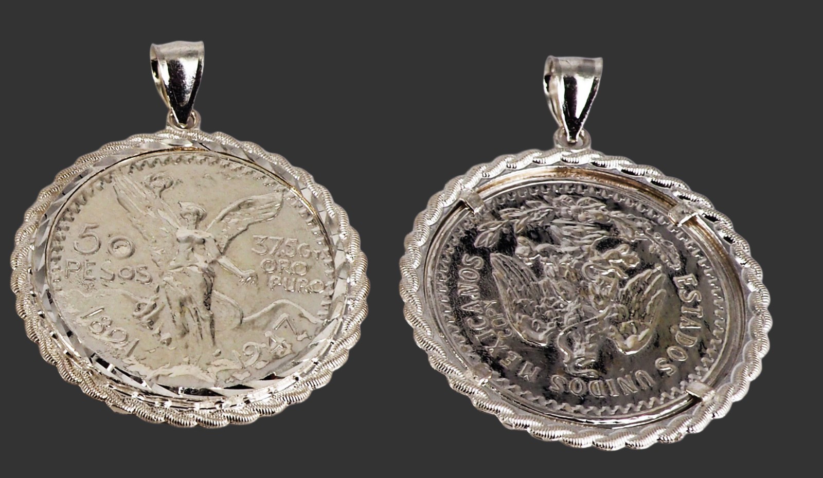925 Sterling Silver Mexican 50 Peso Centenario Coin Bezel Rope Pendant Necklace