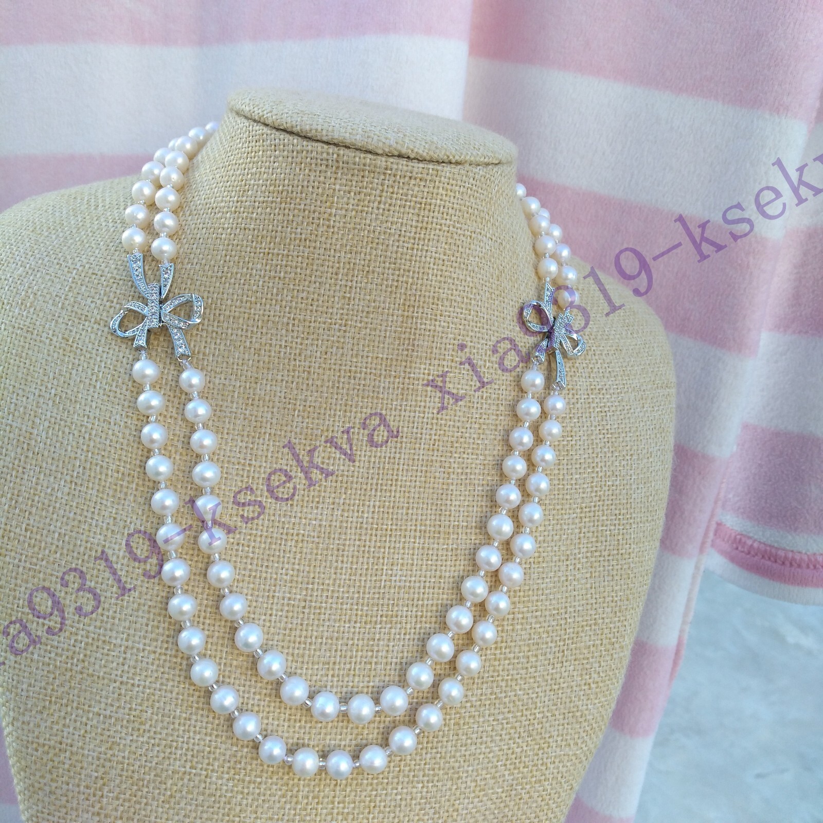 17-18″ Double Strands AAA+ 6-7mm Round AKOYA White Pearl Necklace 14K Gold P