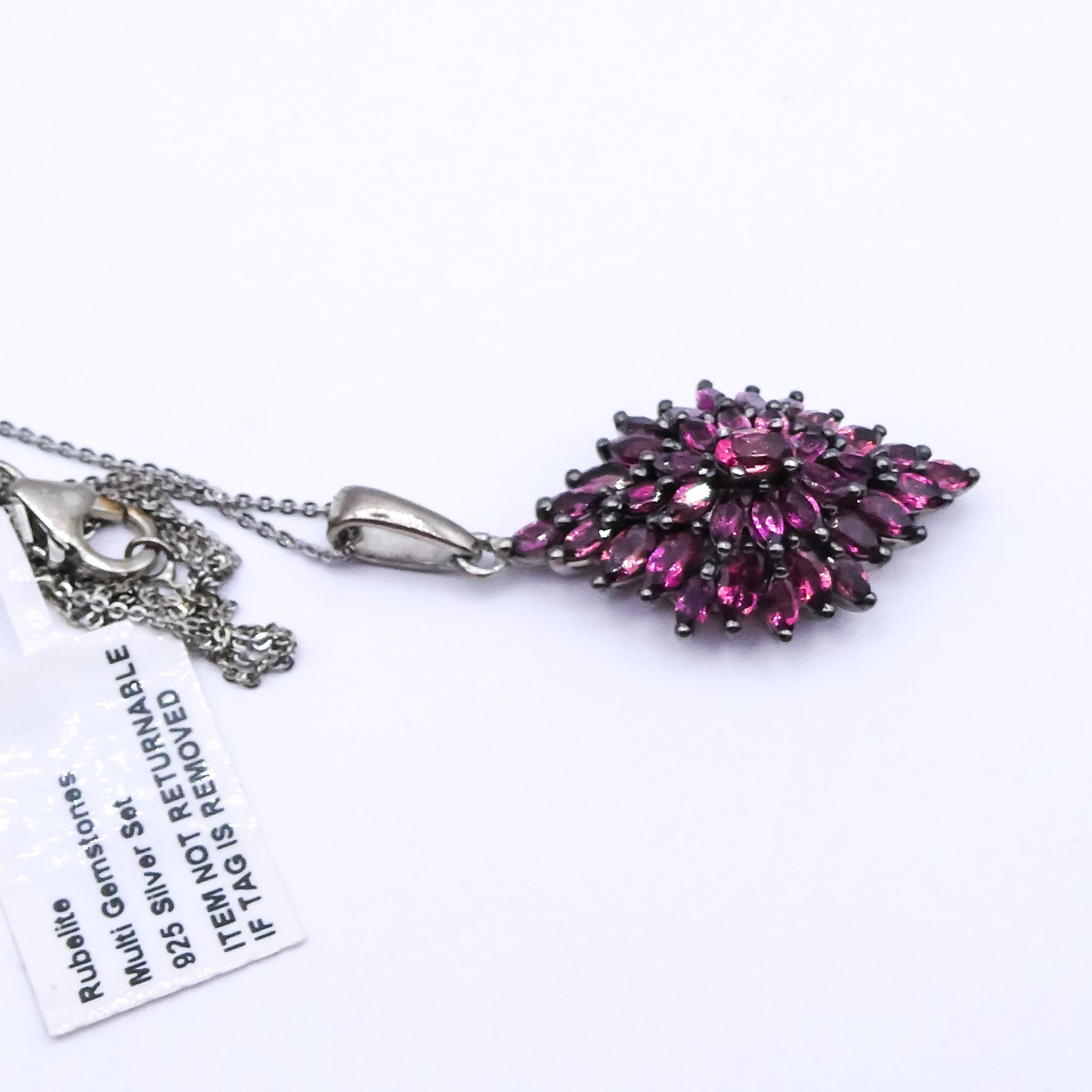 Djoy Rubelite Cluster Platinum Sterling Silver 20″ Pendant Chain Necklace