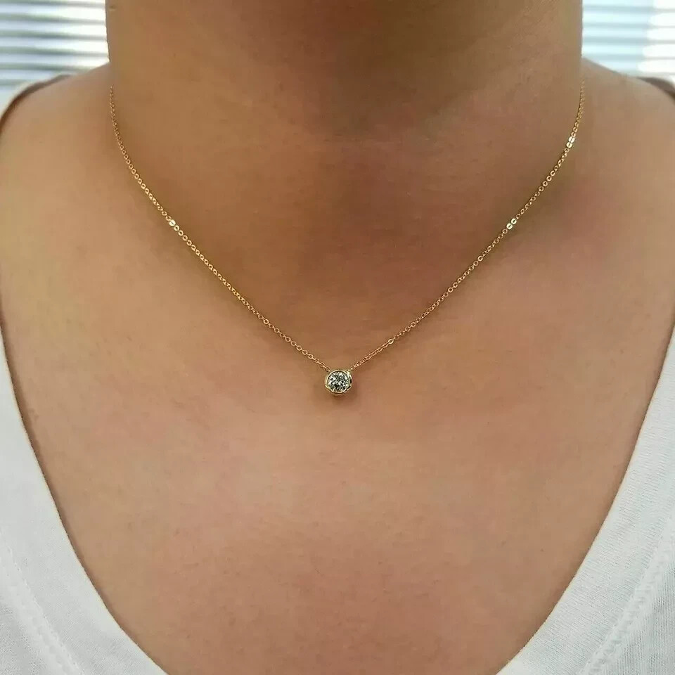 Solid 14K Yellow Gold Over 1.00 Ct Diamond Round Cut Solitaire Pendant Necklaces