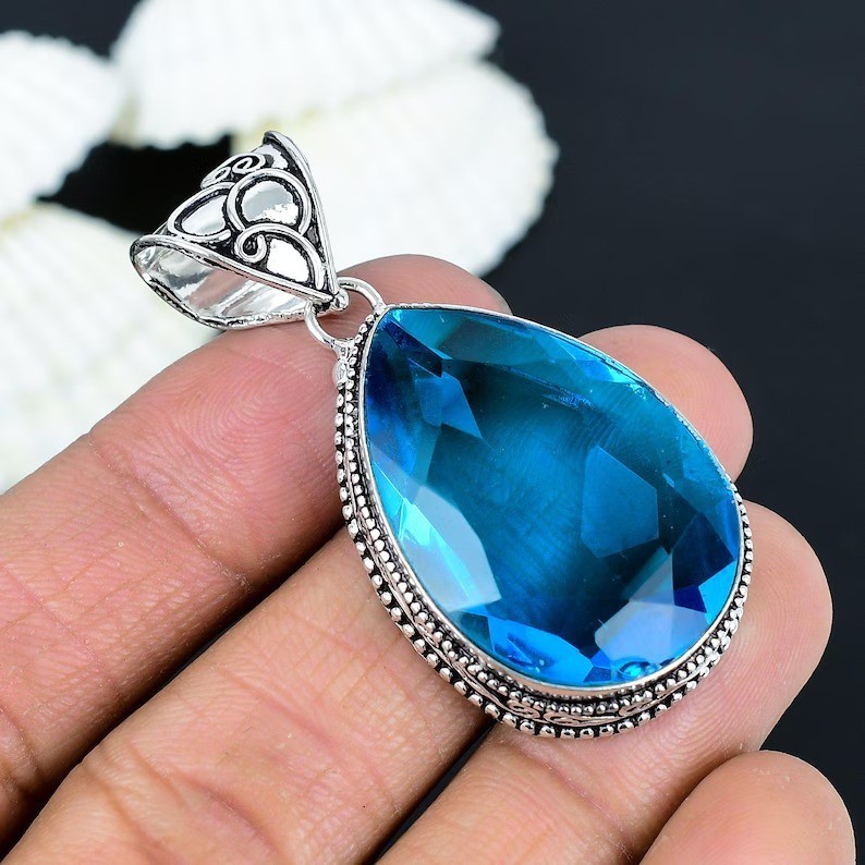 Handmade Blue Topaz Gemstone Pendant: 925 Sterling Silver Jewelry For Gift