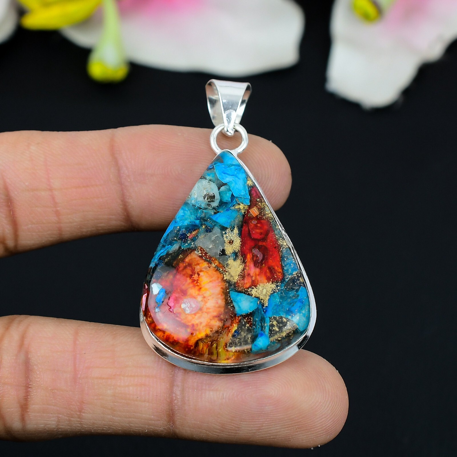 Oyster Copper Turquoise Gemstone 925 Sterling Silver Pendant Jewelry 2.3in”