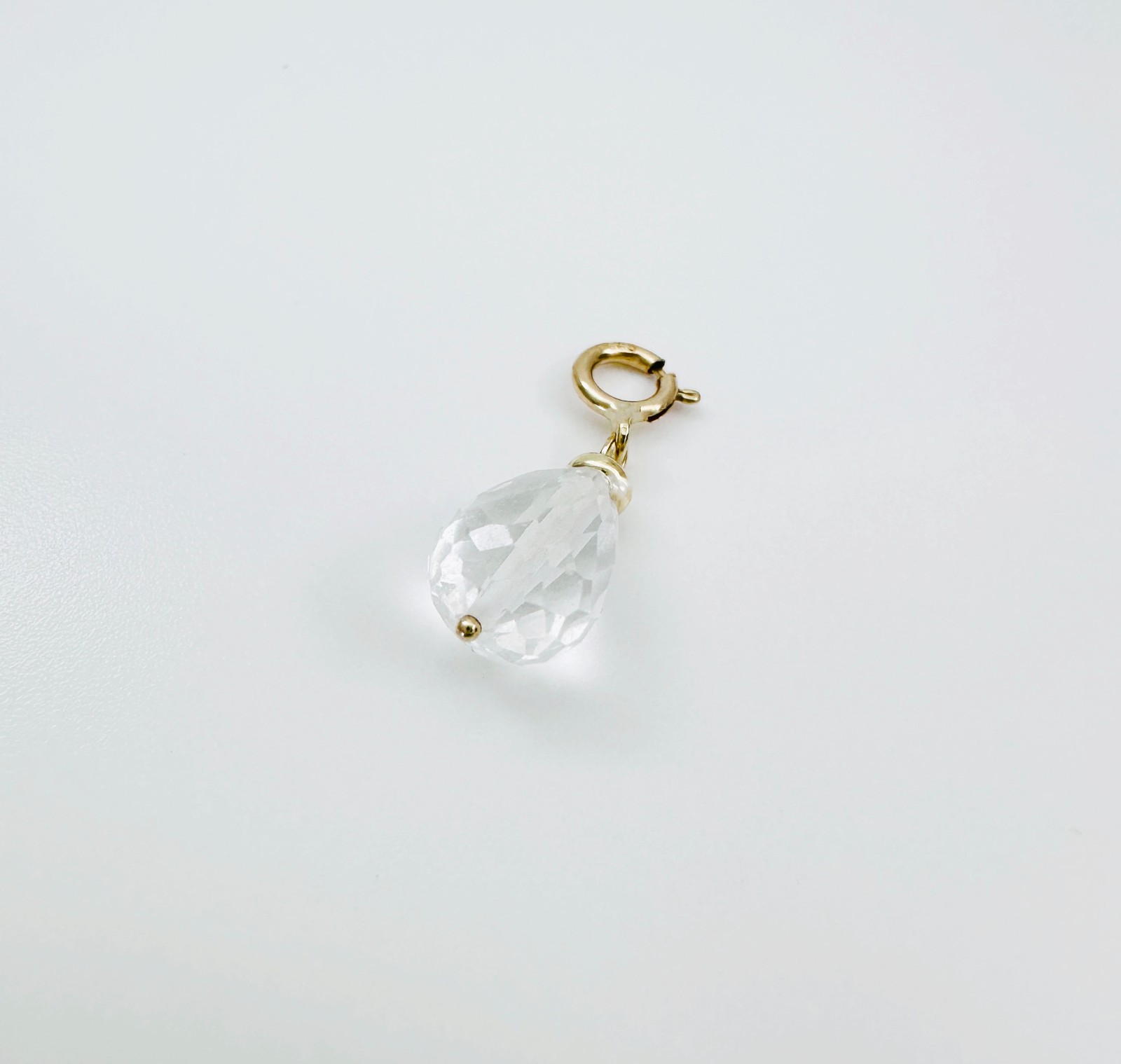 14K Solid Yellow Gold Small Clear Quartz Briolette Charm Pendant w/Spring Clasp