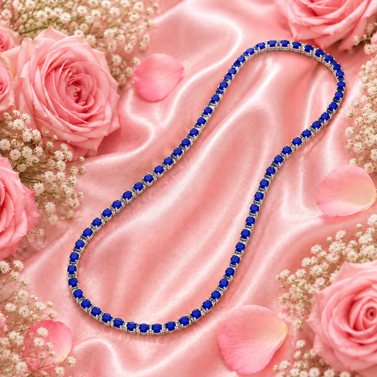 6mm Round LabCreated Blue Sapphire Tennis Necklace SZ 18″ 14K White Gold Plated
