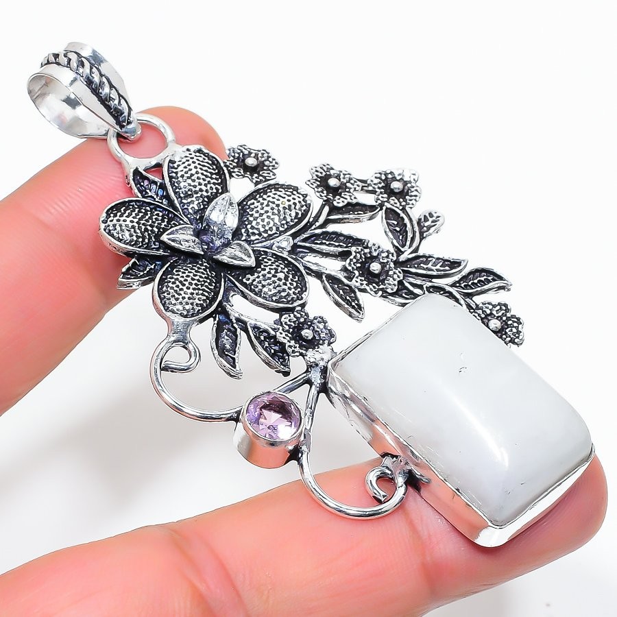 Rainbow Moonstone, Kunzite 925 Sterling Silver Gemstone Pendant 2.88″ NS 23500