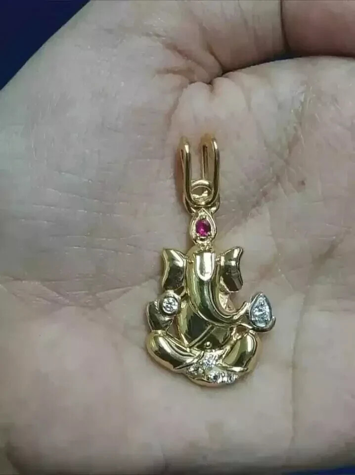 0.75Ct Round Cut Red Ruby & Diamond Ganesha Pendent 14K Yellow Gold Finish