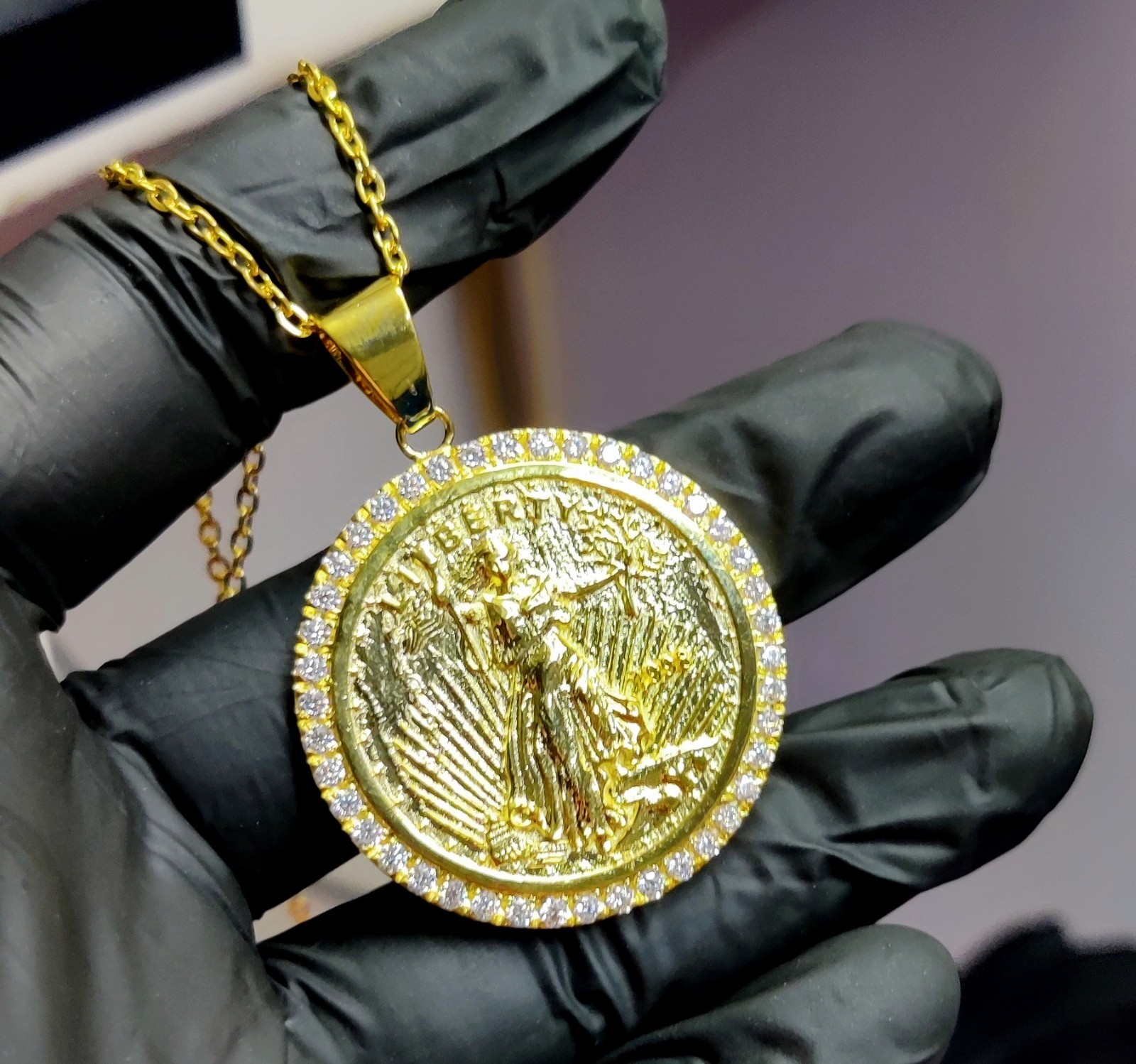 1.20Ct Round Cut Lab Created Diamond Liberty Coin Pendant 14K Yellow Gold Plated