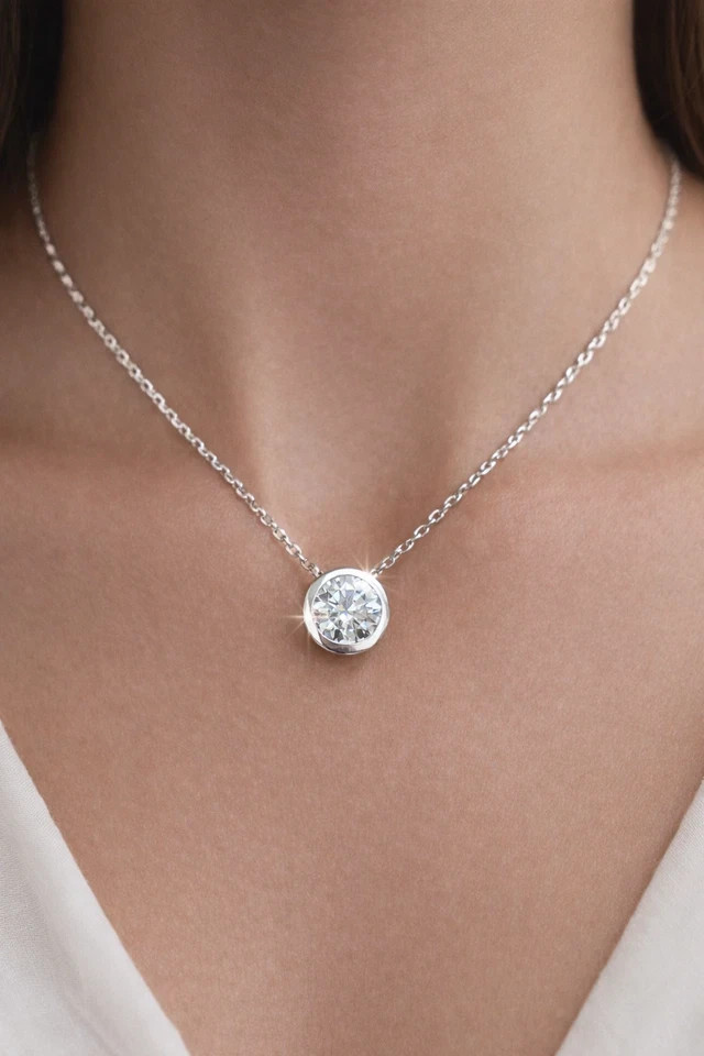 1CT Round Lab Created Diamond Bezel Bail Pendant Chain 18 In 925 Stirling Silver