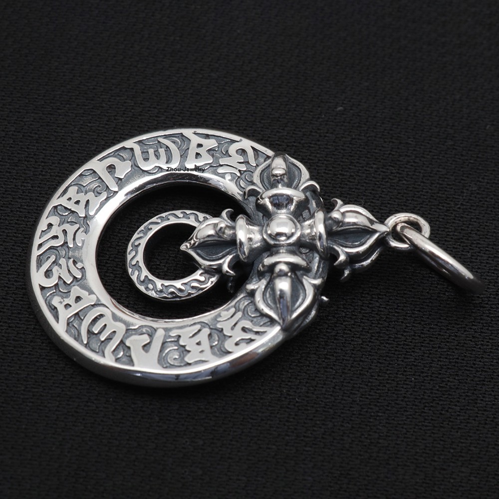 NEW Pure 999 Fine Silver Pendant Vintage Style Buddhist Sutra Circle Pendant
