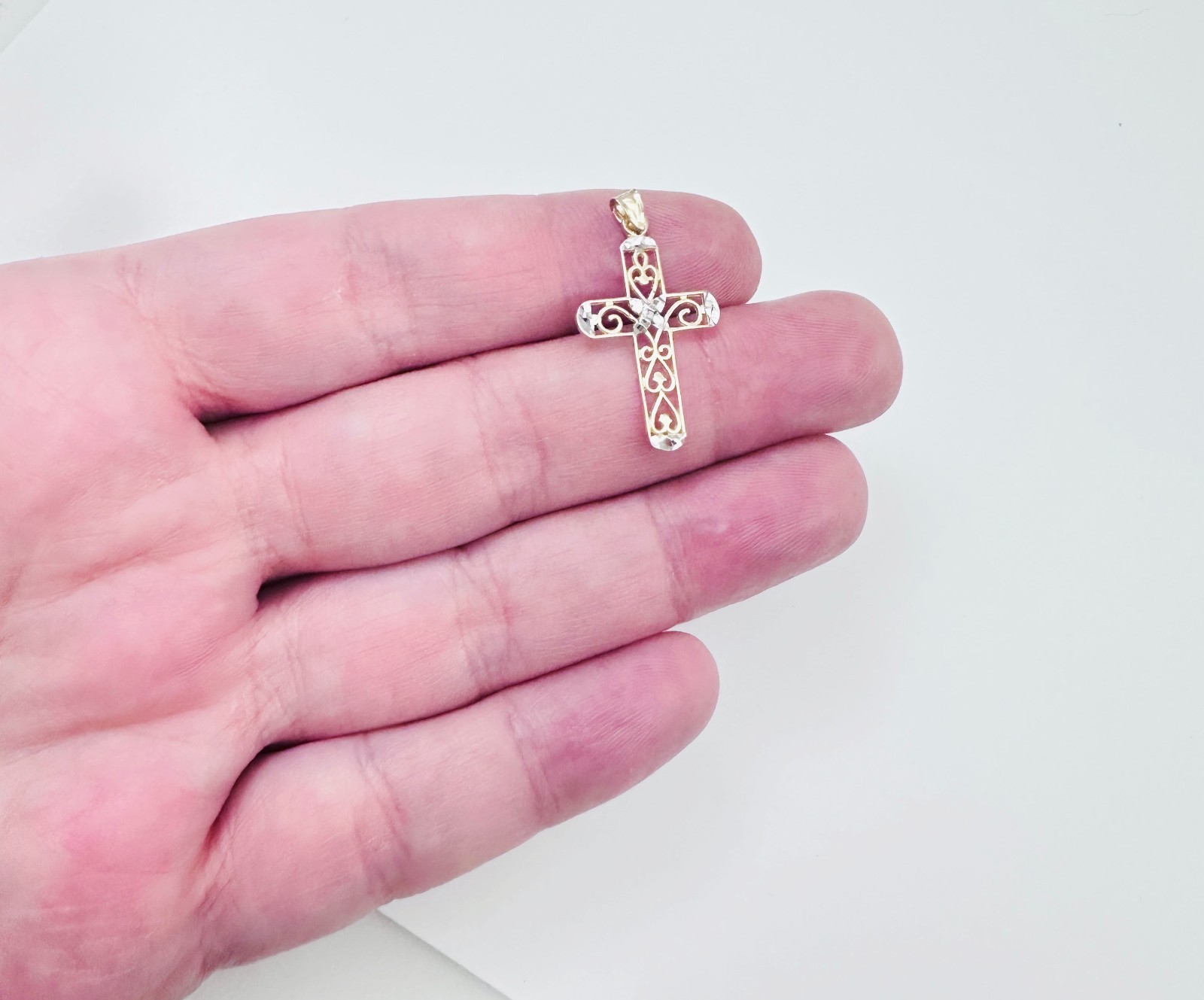 Solid 10K Multi-Tone Gold Filigree Cross Pendant w/White Sapphire Accent, 1.15″