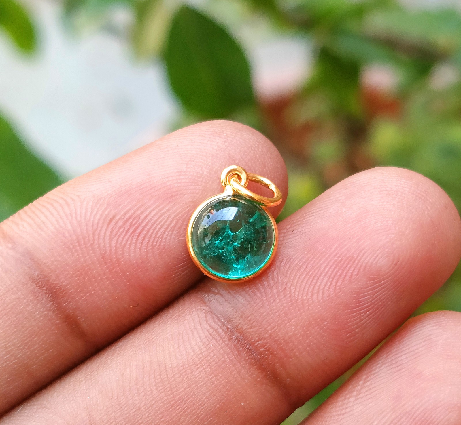 Natural Emerald Round Gold Charm, 18k Solid Gold Charm Handmade Necklace Pendant