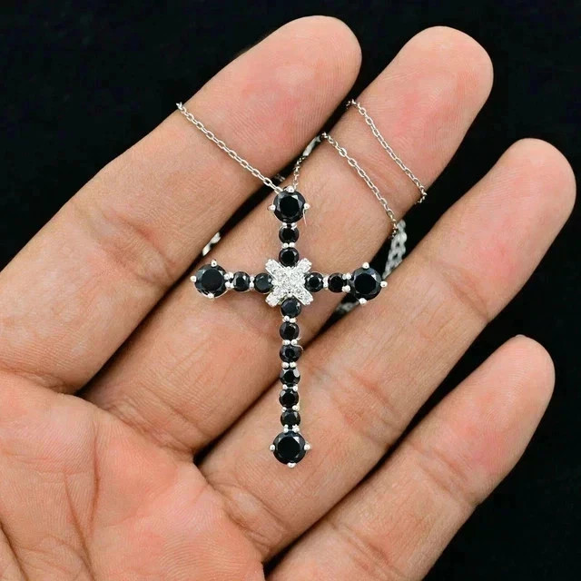 2Ct Round Cut Lab-Created Black Diamond Cross Pendant 14K White Gold Plated