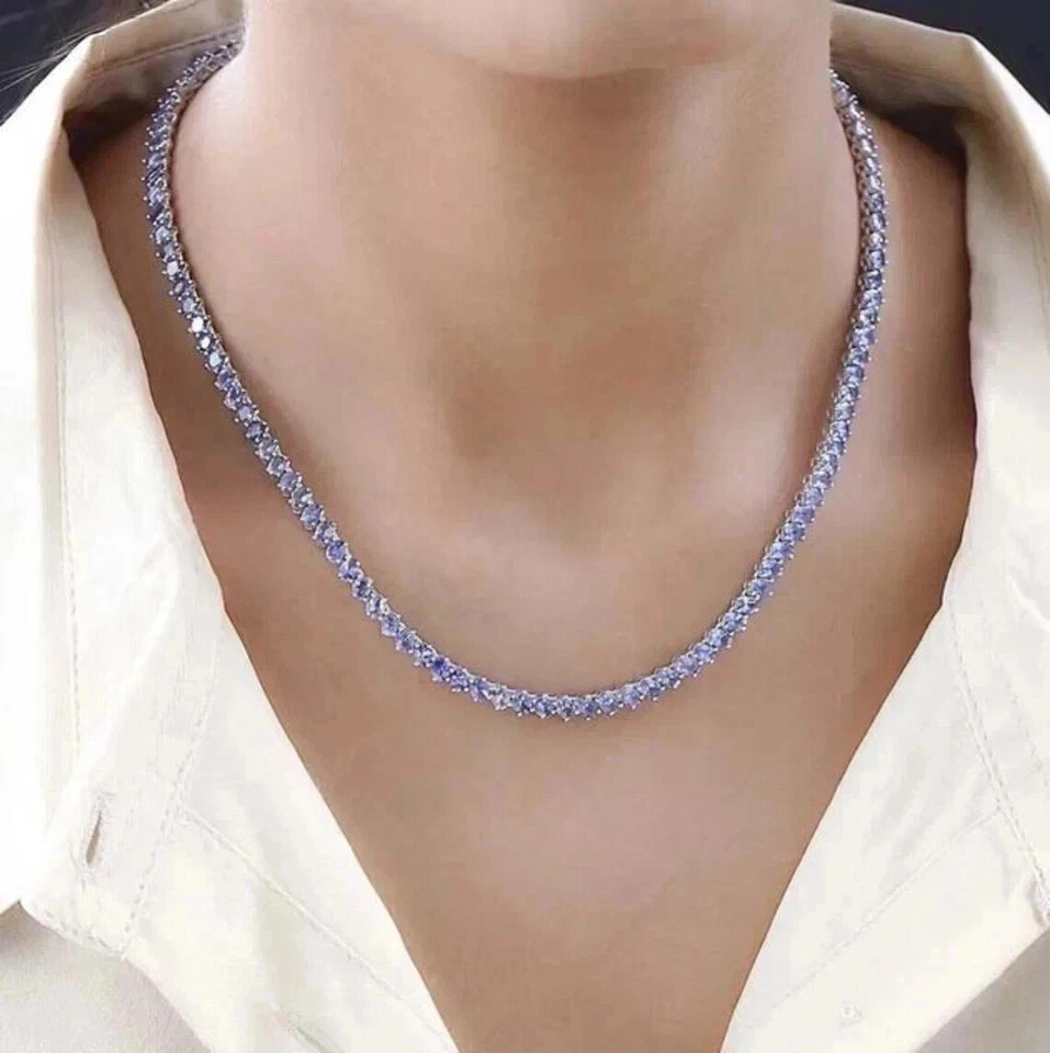20TCW Round Cut Lab Created Tanzanite Tennis Necklace 14k White Gold Plated