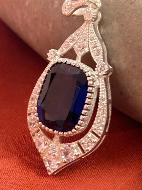 Vintage Art Deco Style Pendant Lab Created Diamond Sapphire White Gold Plated