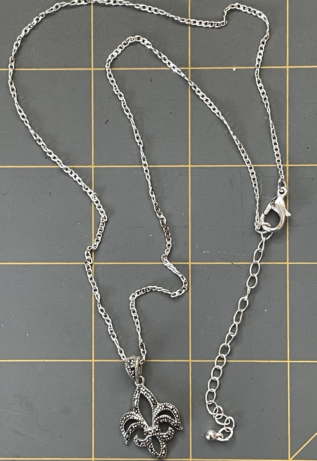 Sterling Silver Marcasite Fleur De Lis Pendant MARKED 925 w/ Silver Plated Chain