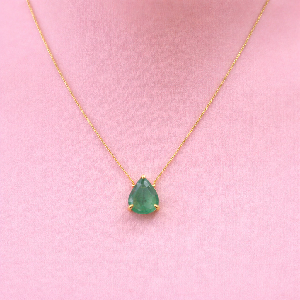 GDGL Certified Solitaire Pendant For Valentine Pear Cut Natural Emerald 14k Gold
