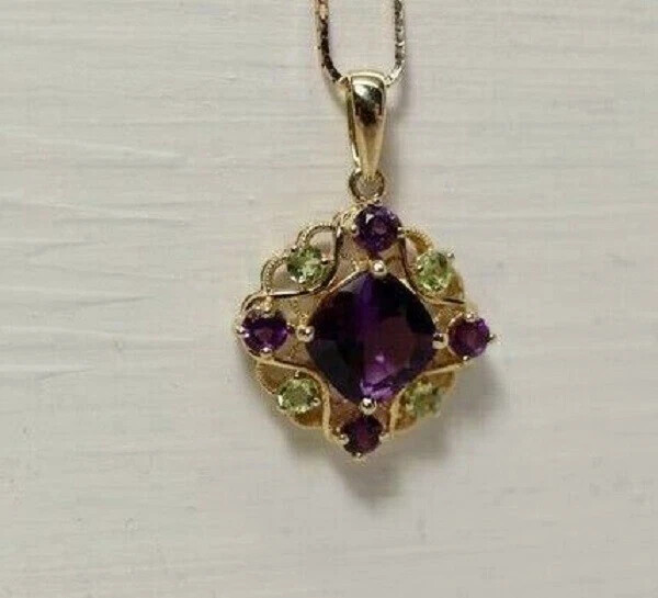 Lovely 1.50CT Cushion Lab Created Amethyst Pendant 14K Yellow Gold Plated Chain