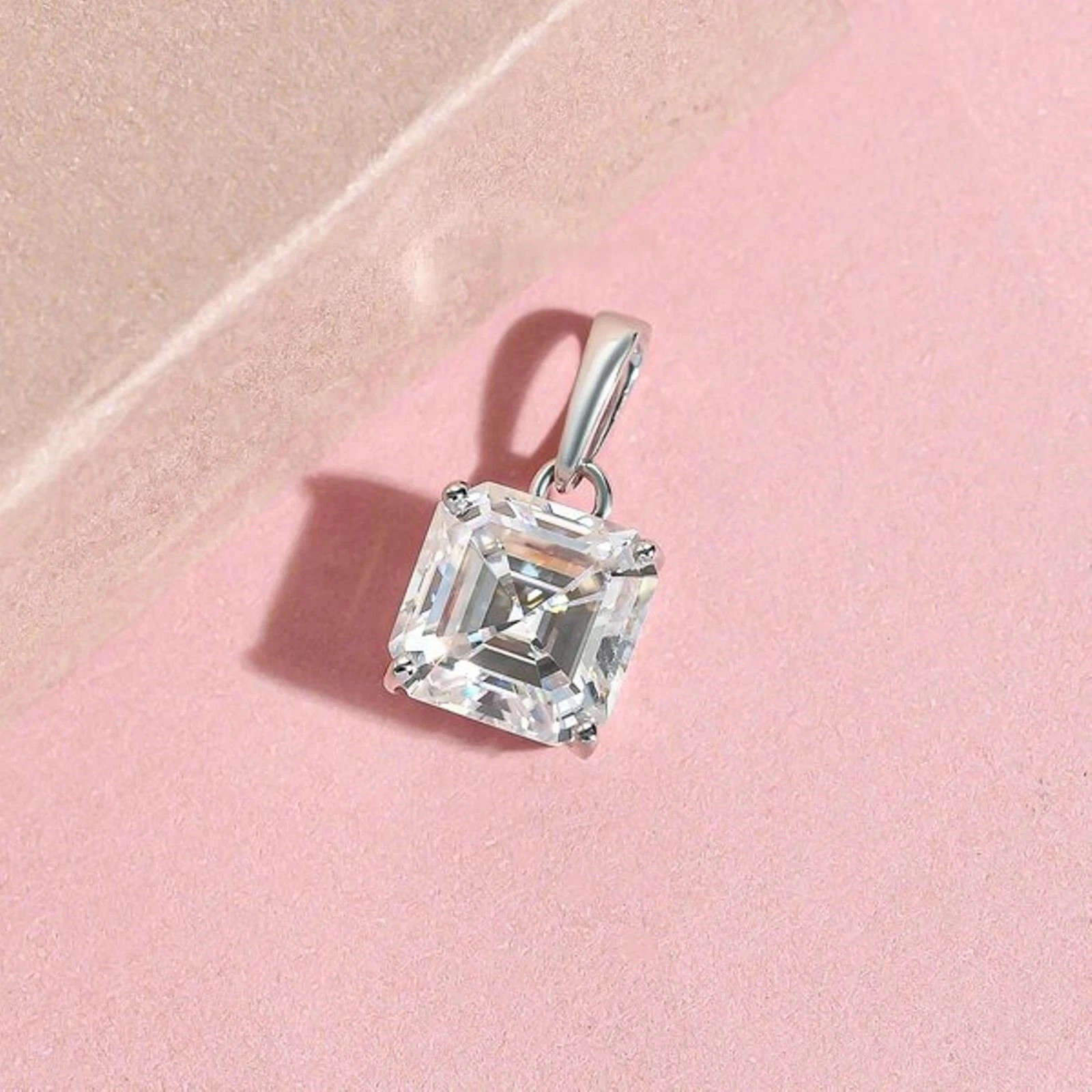 3Ct Asscher-Cut Moissanite Solitaire Necklace Pendant 14K White Gold Plated