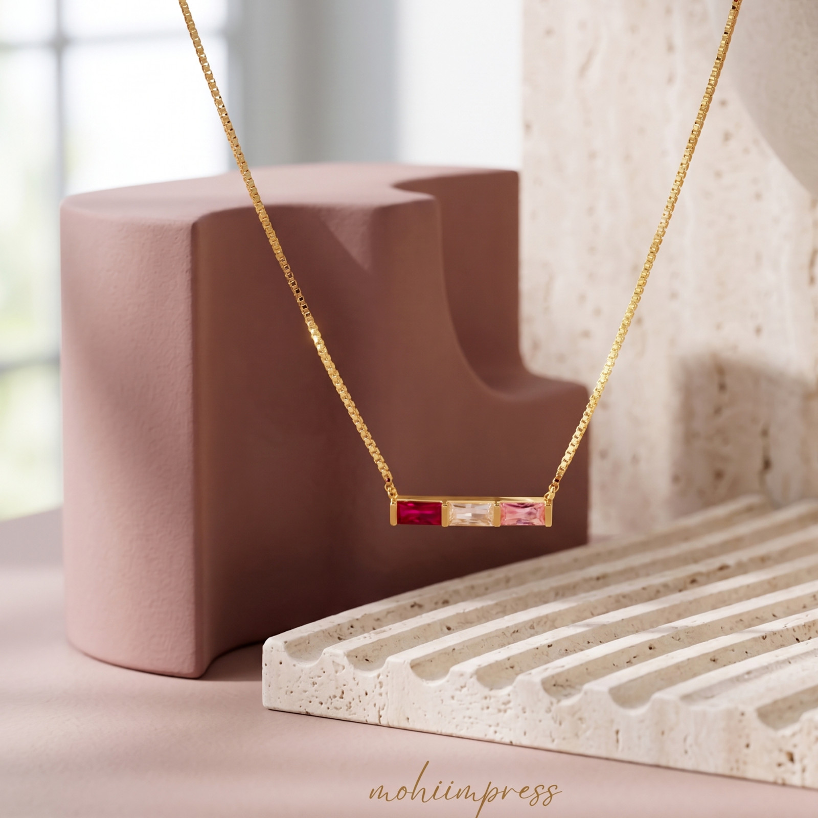 925 Sterling Silver Custom Baguette Birthstone Bar Necklace