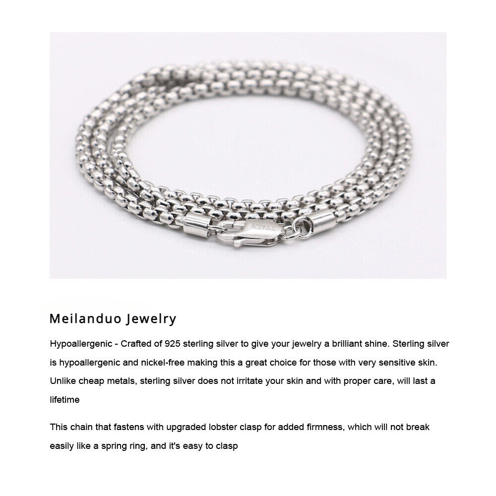 925 Sterling Silver Solid 3mm Round Box Chain Necklace 18″-28″ for Women & Men