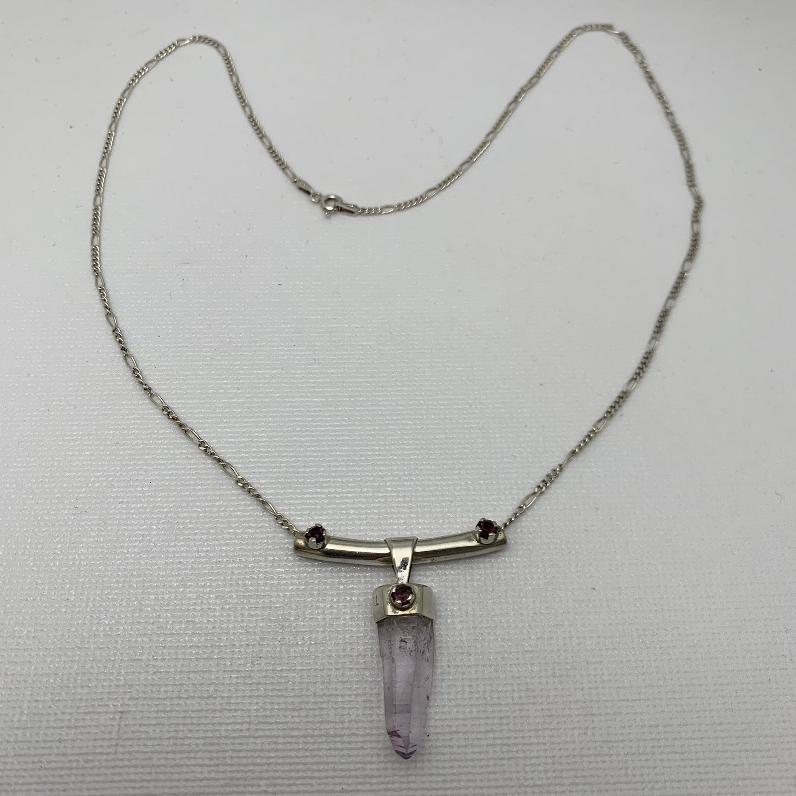 Sterling Silver Amethyst Point Pendant W/ Accent Garnet Necklace