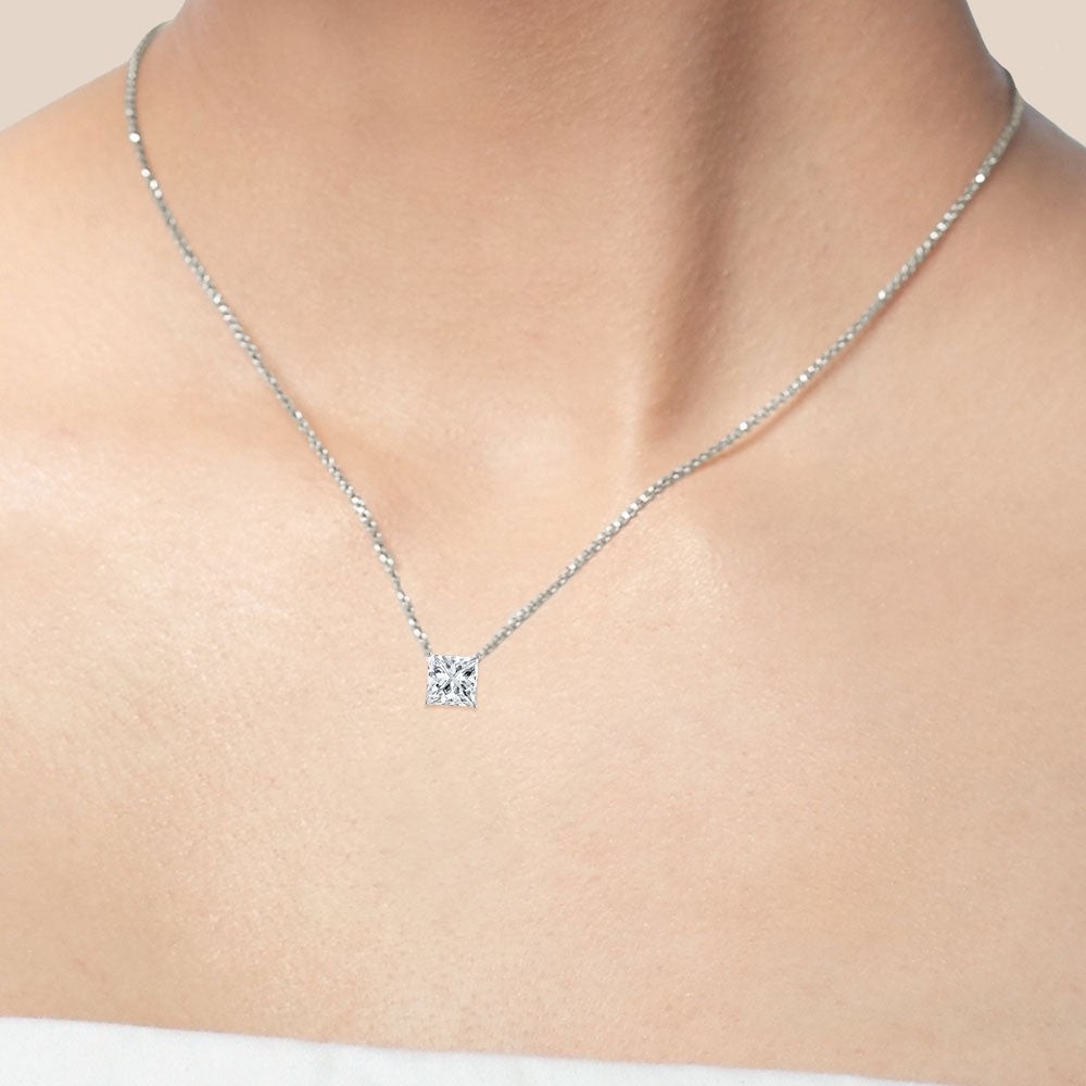1 Ct Princess Lab Created Grown Floating Diamond E/VS Necklace 14K White Gold