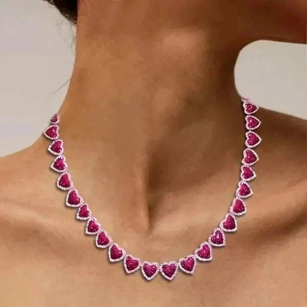 22CT Round Lab-Created 14K White Gold Finish Red Ruby Women’s Tennis Necklace