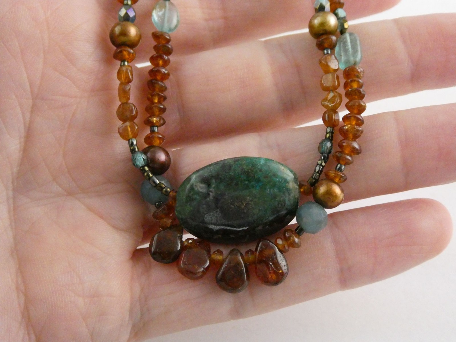 Sterling Silver Amber Chrysocolla Multi Gemstone Two Strand Necklace 17.5 In 19g