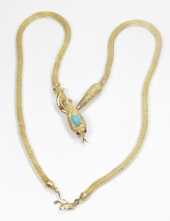 Antique Art Deco 1920’s Turquoise Snake Necklace 13K Yellow Gold 21″ 35.6 Grams