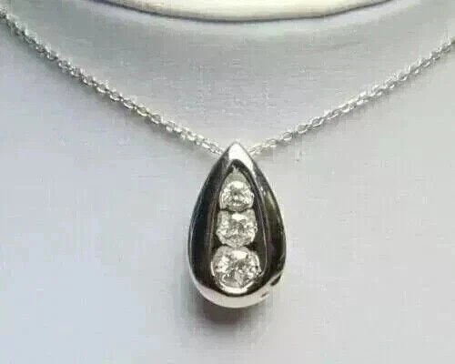 1 CTW Round Cut Moissanite Three Stone Teardrop Pendant 14k White Gold Plated