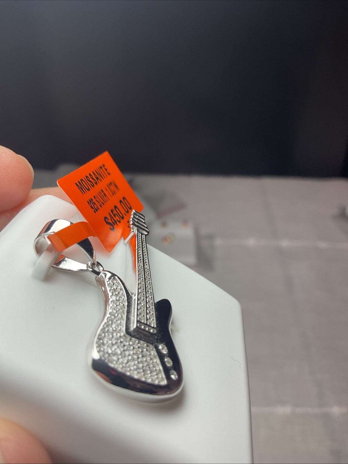 $450 925 Sterling Silver Moissanite Electric Guitar Pendant 1.00CTW MUSIC