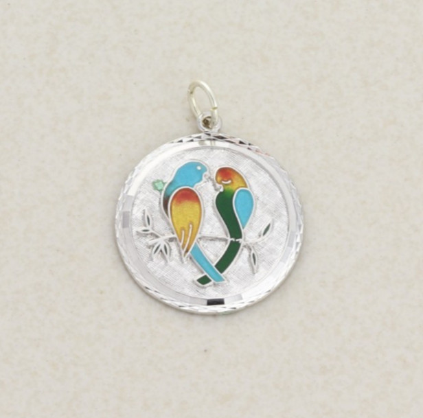 Sterling Silver Two Love Birds Enamel Painted Charm or Pendant 1″ x 7/8″