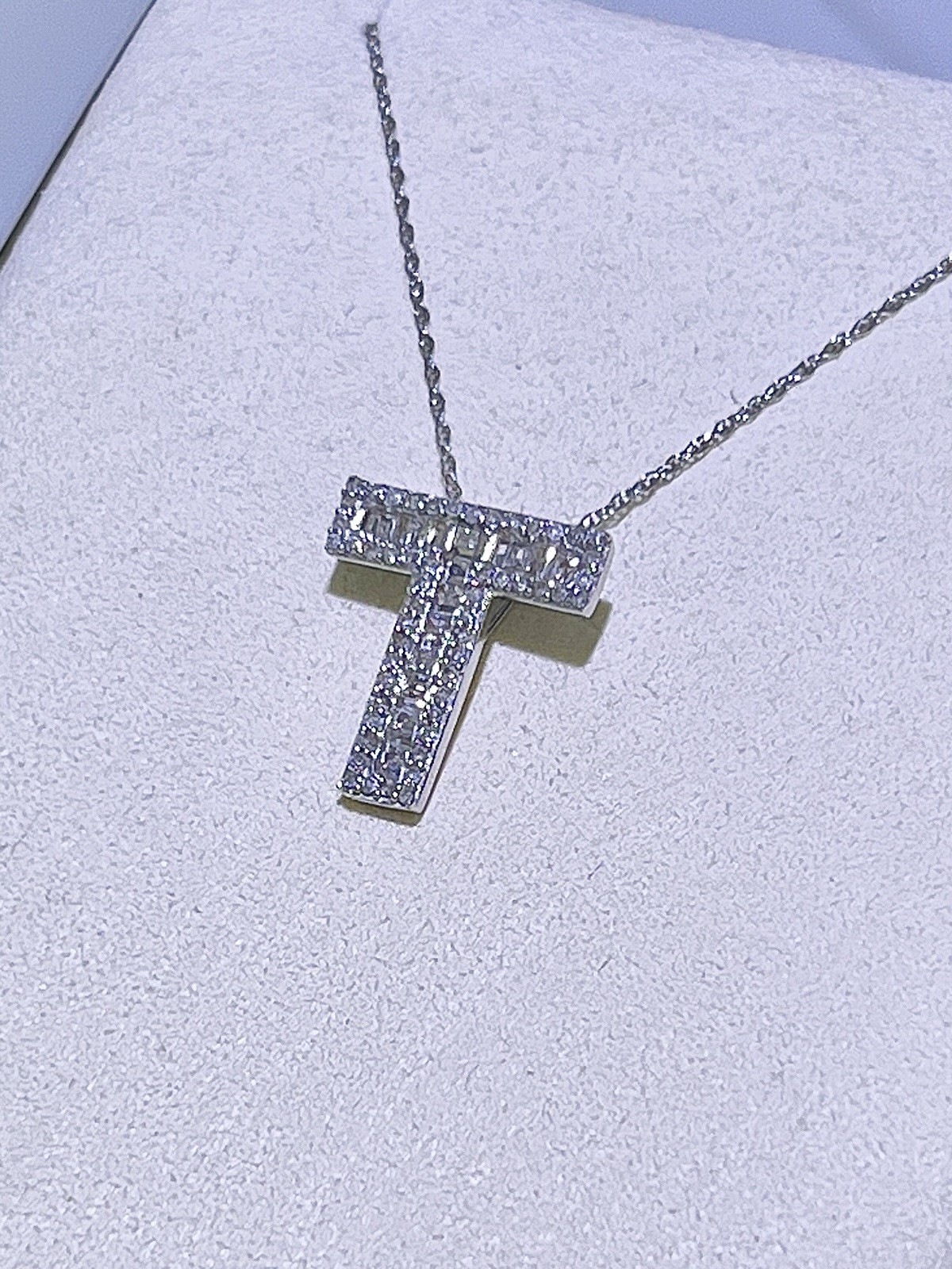 Channel Set Baguette Diamond “T” Initial Pendant in White Gold