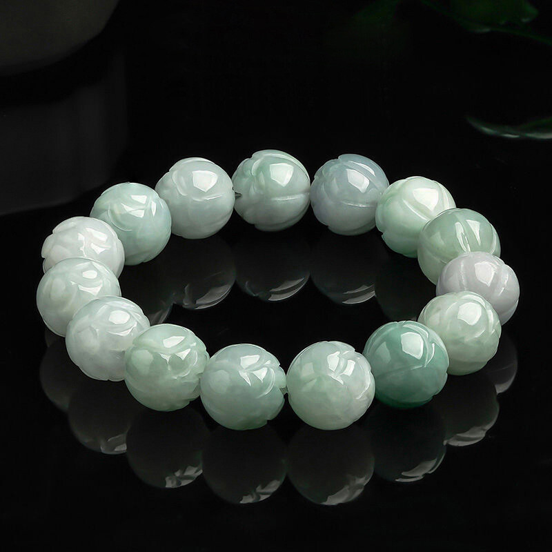 Natural Grade A Jadeite 13mm Lotus Flower Jade Bead Bracelet 7.16inch