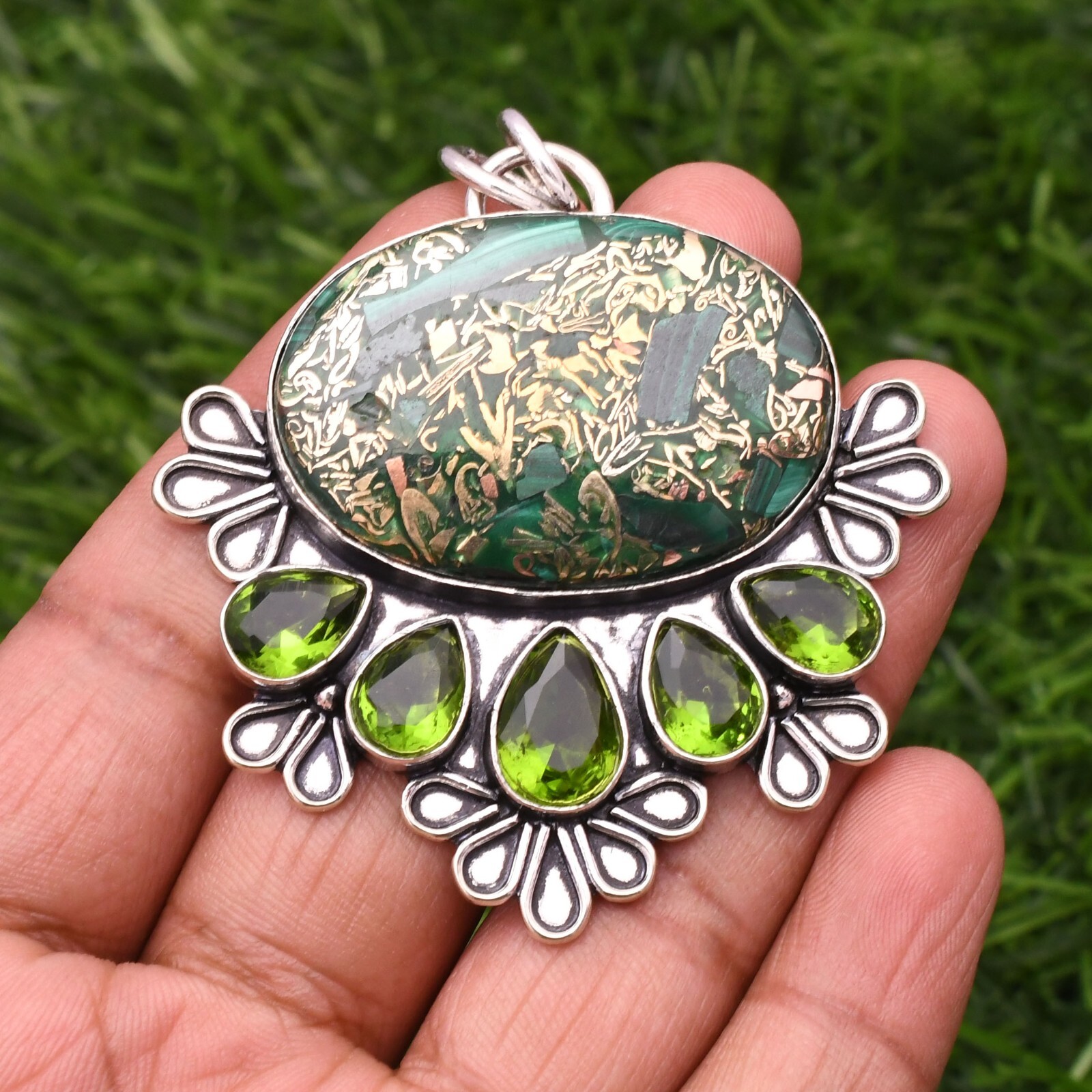 Copper Malachite 925 Sterling Silver Gemstone Handmade Jewelry Pendant 2.15″